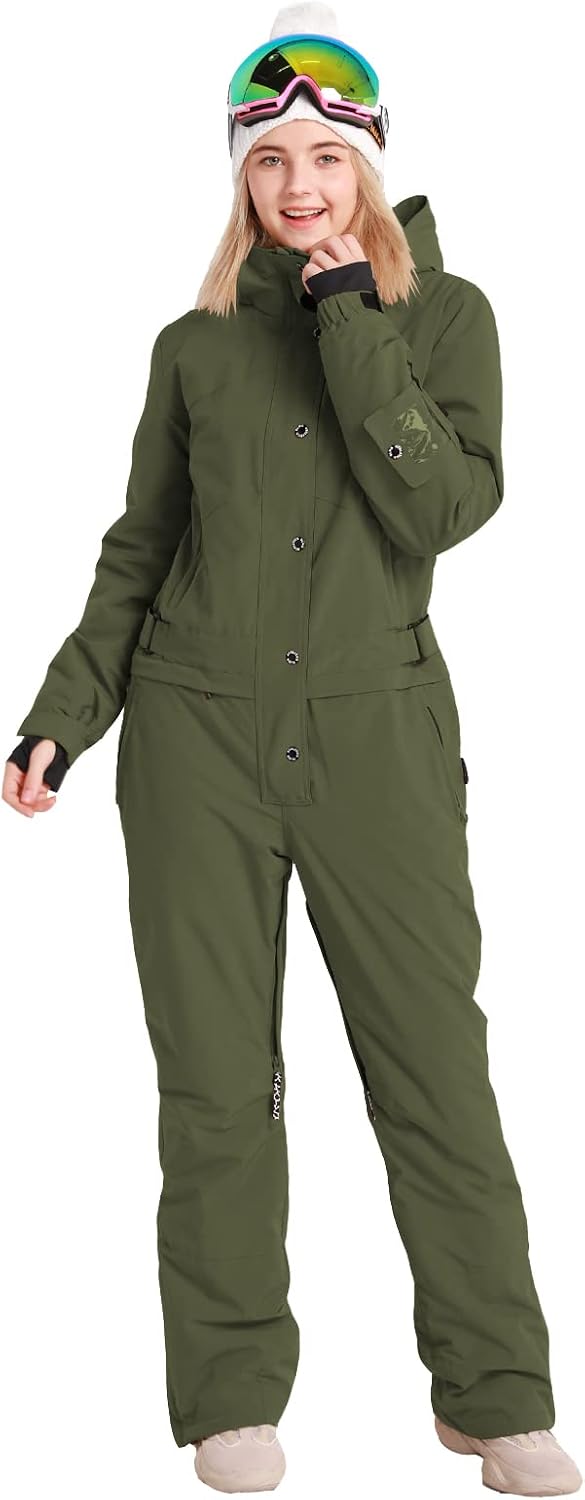 Bluemagic Womens One Pieces Ski Suits Jumpsuits Coveralls Winter Outdoor Waterproof Snowsuits for Snow Sports(L,Olive Green)