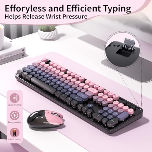 Image of Wireless Keyboard and Mouse, MOFII 104 Round Keycaps Retro Typewriter with OTG & Brush, Full-Size Ergonomic, Ideal for Windows PC, Home, Office and College Peach Pink