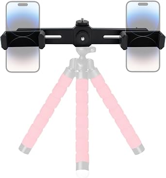 Dual Phone Holder Phone Tripod Mount Adapter, Universal 360 Rotation Adjustable Clip Stand for Vlog Live Streaming Video Recording, Compatible with 1/4 Screws, Black