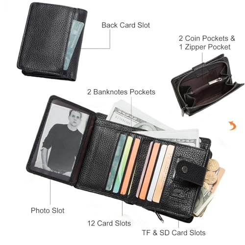 Contacts Small Bifold Wallet for Women and Men Leather Zipper Coin Purse 12 Slot Card Holder Travel Wallets with RFID Blockig (Black)3