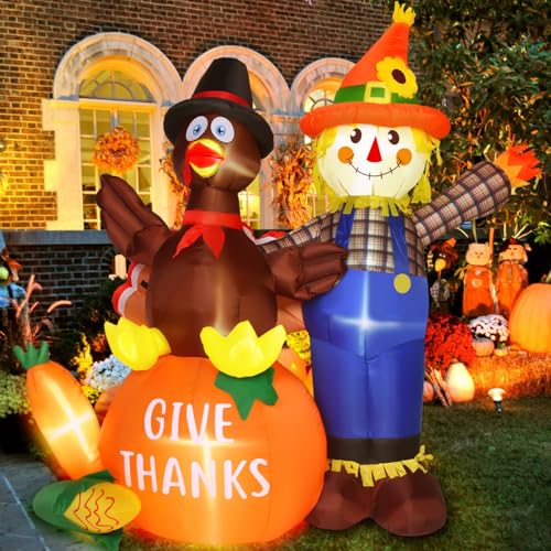 JETEHO 6 Ft Thanksgiving Inflatables Turkey and Scarecrow Lighted Blow Up Yard Giant Blow Up Turkey Decorations Outdoor for Lawn