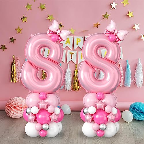 Image of 40 Inch Pink Number 8 Balloon Tower 8th Birthday Decorations for Girls | Large Pastel Baby Hot Pink White Number Eight Foil Balloons Stand Set 8 Years Old Princess Eighth Birthday Party Decorations
