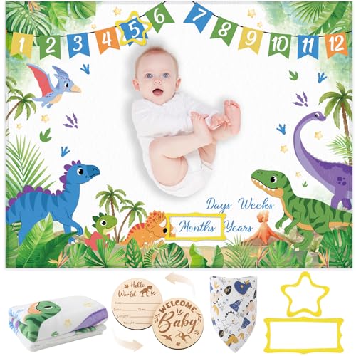 Image of Dinosaur Baby Monthly Milestone Blanket for Boys Girls Flannel Blanket Newborn Infant Swaddle Baby Growth Blanket Photography Background with Wooden Signs,Frames,Bib