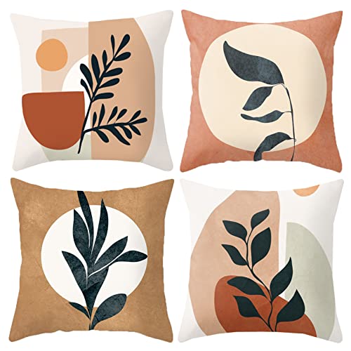 HOSTECCO Fundas de almohada abstractas de 20 x 20 pulgadas, juego de 4 fundas de almohada bohemias geométricas de plantas decorativas para sofá cama Cover