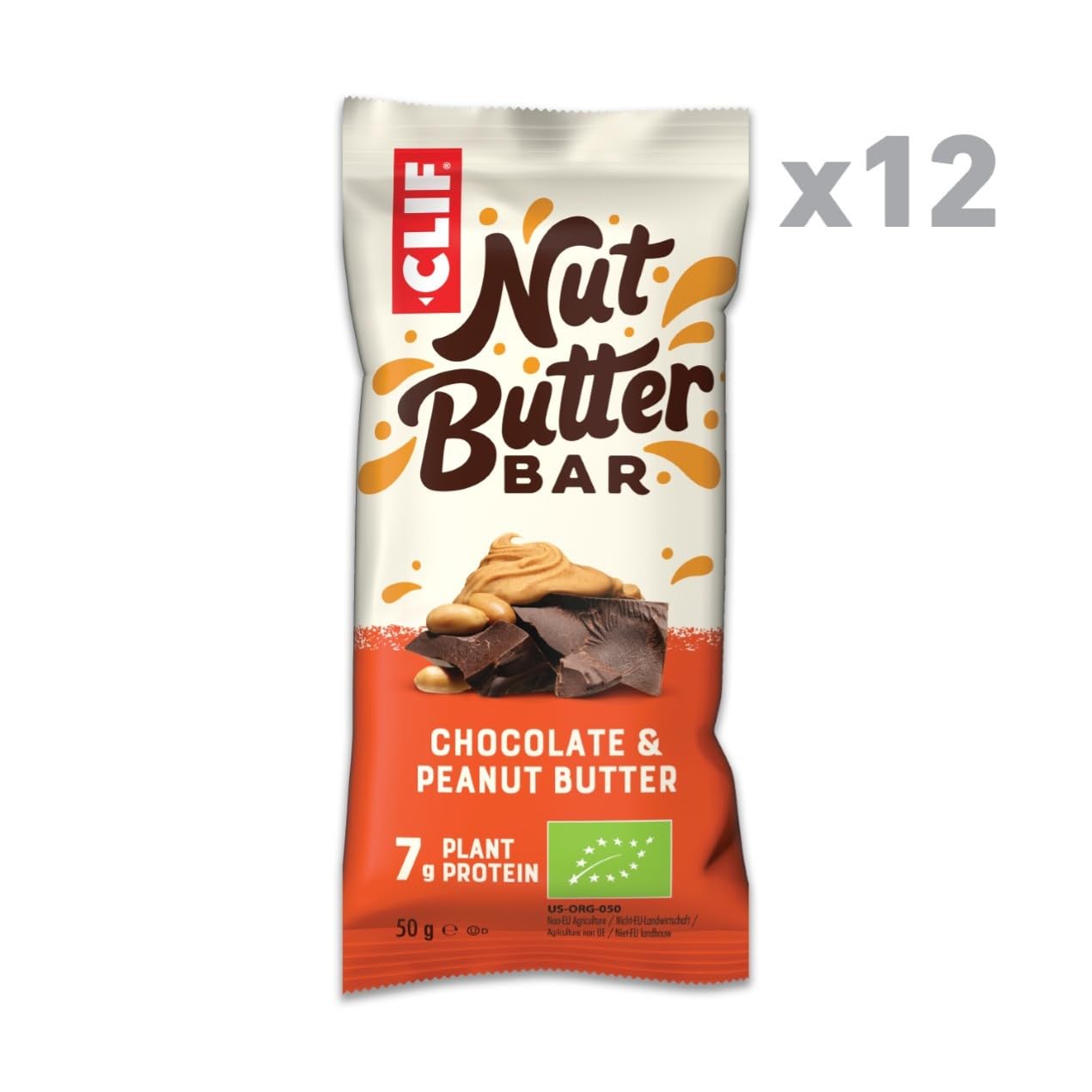 CLIF Bar Nut Butter Bar | Barrita de Proteína con 7g de Proteína Vegetal | Chocolate & Peanut Butter | Barrita Snack Orgánica | 12 x 50 g
