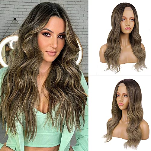 Long Wavy Lace Front Wigs Synthetic Ombre Brown Wig for Women Natural Wave Heat Resistant Wig for Daily Parties (Mixed Brown Color)