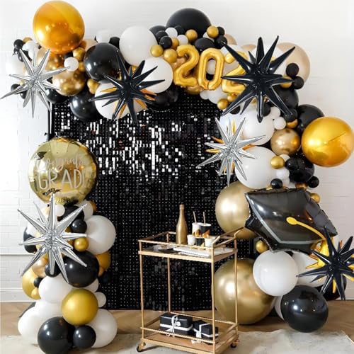 Image of TONIFUL 8 Pcs Explosion Star Balloons Black and Silver Foil Party Decor | 2 Size Mylar Star Balloon for New Year Party Decoration Graduation Mens Birthday Wedding Baby Shower Photo Booth Supplies