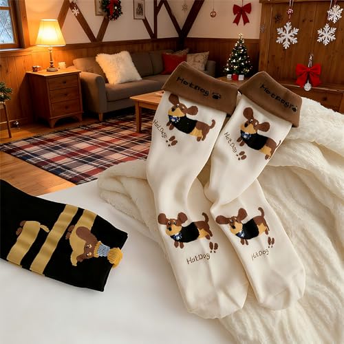MKLG 4 Paare Dackel Socken, Dachshund Socken, Dackelsocken Lustig Deko mit Dackel Motiv - Originelles Geschenk für Hundeliebhaber - Unisex Einheitsgröße Baumwolle (Stil 1)