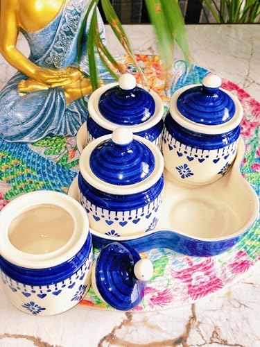 Image of Niyara Multipurpose Storage Ceramic Pickle set Jars with Lid & tray (Set of 4, 300 ml) (Blue)