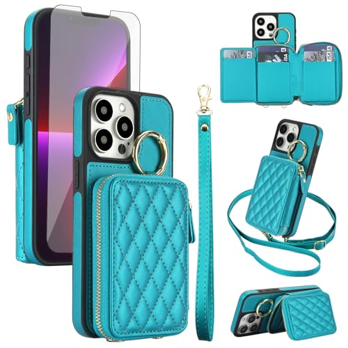 Phone Case for iPhone 13 Pro 6.1 inch Wallet Cover RFID Blocking with Screen Protector Wrist Crossbody Strap Zipper Ring Buckle Card Slots Kickstand iPhone13Pro 5G i-Phone 13Pro Women Men Green
