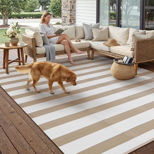PureCozy Outdoor Waterproof Patio Rug 6x9 Plastic Straw Reversible Lightweight Outside Beige Stripe Large Carpet Outdoor for Camping RV Porch Deck Balcony Beach - 4
