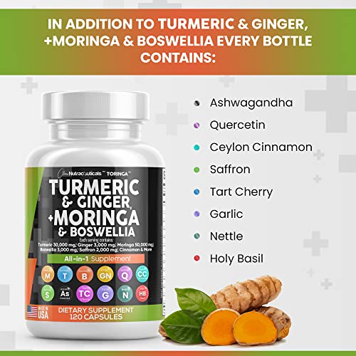 Turmeric Curcumin 30000Mg Ginger 3000Mg Moringa 50000Mg Boswellia 3000Mg Saffron 2000Mg - Joint Support Supplement For Women And Men With Ceylon Cinnamon, Quercetin, Tart Cherry - Made In Usa 120 Caps #TOP4