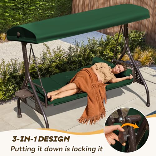 Image of 3 in 1 Outdoor Porch Swing with Adjustable Canopy, 3 Seat Outdoor Swing for Adults, Patio Swing Chair with Thickened Cushions,Pillows & Cup Holders for Backyard, Porch, Garden (Green)