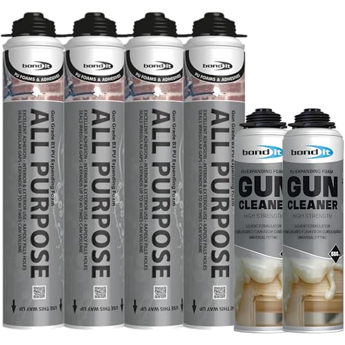 Bond It All Purpose PU Expanding Foam 4 Pack (750ml Each) with 2 Gun Cleaners (500ml Each) B3 Gun Grade Insulation Foam Filler for Gaps Windows Doors and Framework Installation