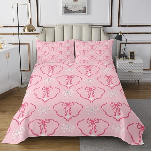 Manfei Girlish Bowknot Kids Bedspread Twin Size,Ballet Shoes Ballerina Ribbon Bow Coverlet Set,Girls Women Room Decor,Geometry Love Heart Princess Quilted Coverlet,Pink Bedding Quilt,1 Pillowcase