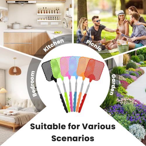 AYESY Fliegenklatsche, 6 Stück Manuelle Fliegenklatscher Ausziehbar Teleskopgriff aus Edelstahl Verstellbar von 26.5cm bis 73cm Robuste Fliegenklatschen für Drinnen und Draußen Mücken Fliegen (Bunt)