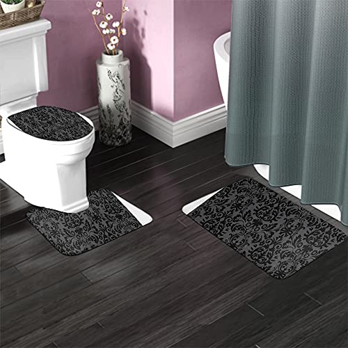 Badezimmerteppich-Set, Damast, rutschfest, Vintage-Blumenmuster, Barock, 3-teilig, Badematte, Kontur, WC-Deckelbezug… – Bild 3