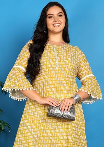 Image of Yash Gallery Women's Cambric Cotton Printed Kurta Mirror Work A-Line, Perfect Ethnic Wear