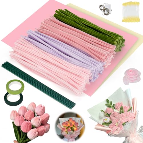 400 Stück Pfeifenputzer zum Basteln, Pfeifenreiniger Blumen Set mit LED-Lichtleiste, Schleifenband, Blumen-Staubblatt, Blumenpapier, Pfeifenreiniger Blumen Kit für Tulpe Blumenstrauß DIY
