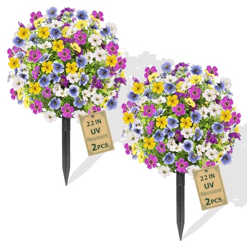 2 Pack Artificial 4 Colors Flowers Topiary Ball Tree, 22" Fake Plants with Ground Spike, UV-Resistant Faux Shrub, Realistic Artificial Colorful Bushes for Indoor/Outdoor Front Porch & Garden Decor