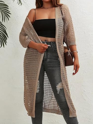 Women's Poncho Long Cardigan Beach Sunscreen Shirt in Colors (Khaki L)2