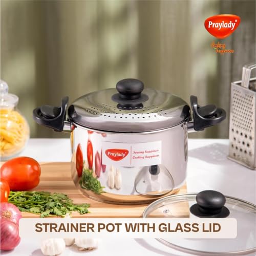 Image of Praylady 3.0L Stainless Steel Strainer Pot with Glass Lid (20 CM) - Induction Base Multi-Purpose Cooking Pot for Rice, Vegetables, Noodles & Pasta Pot - Anti-Locking, Dishwasher Safe.