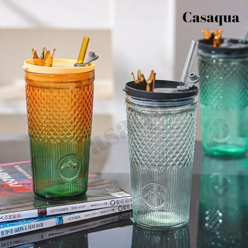 Image of Fashion Glass Cup with Lid and Straw - 600ml, Set of 1, Glass Cups, Clear Glassware for Kitchen, Home Heat Resistant Drinking Tumbler Office Ice Coffee Glasses Tea Mug