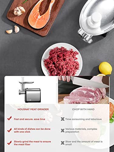 Meat Grinder Electric, Stainless Steel, 2000W Max, Housnat 3 In 1 Meat Grinder Heavy Duty With 2 Blades And 3 Plates, Sausage Stuffer Tube & Kubbe Kit, Home Kitchen Use #TOP5
