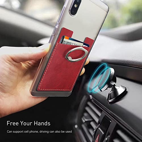 Phone Card Holder With Phone Ring, Ring Wallets Combine A Finger Grip, Phone Ring Stand & Credit Card Sleeve Into Thin Phone Wallets Stick On Universal To Any Cell Phone - Red Leather #TOP4