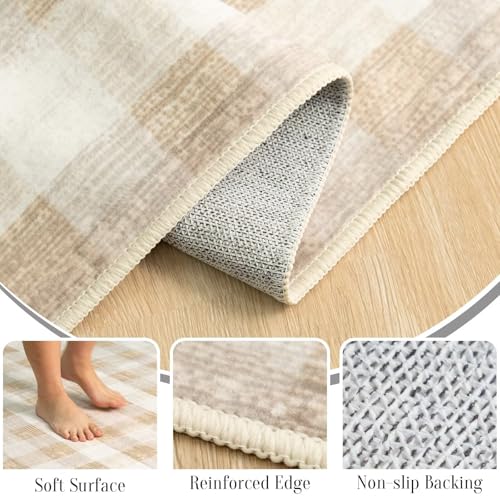 Image of Checkered Area Rug, 6 Ft, Round, Beige | Washable, Non Slip, Modern Neutral, For Living Room Bedroom Office Patio Dining Room