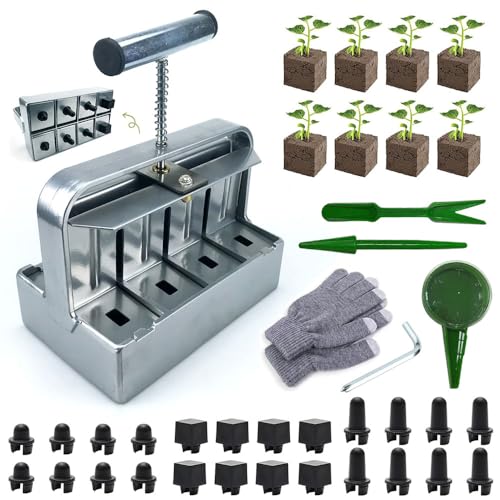 TOPRUNYI Manueller Bodenblocker 8-Gitter Erdballenpresse Anzucht Handgehaltener Bodenblocker 4.5 * 4.5CM Soil Blocker Set mit Saathilfe und Auswechselbarer Plastikstopfen