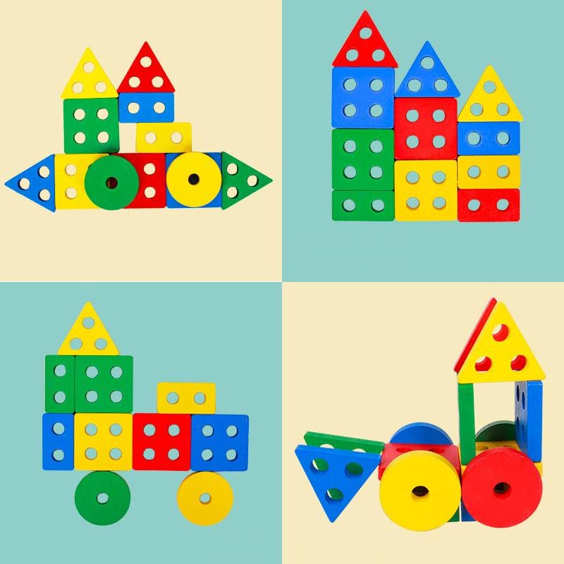 Image of PLUSPOINT Wooden Stackable Blocks & Shape Sorting Board Geometric Shape Stacker Wooden Toy Early Childhood Development Toys for Fine Motor Skills, 16 Pcs
