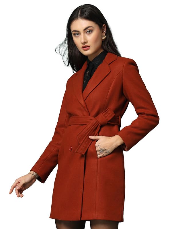 Image of CHKOKKO Polycotton Winter Wear Double Breasted Long Coat for Women Rust L