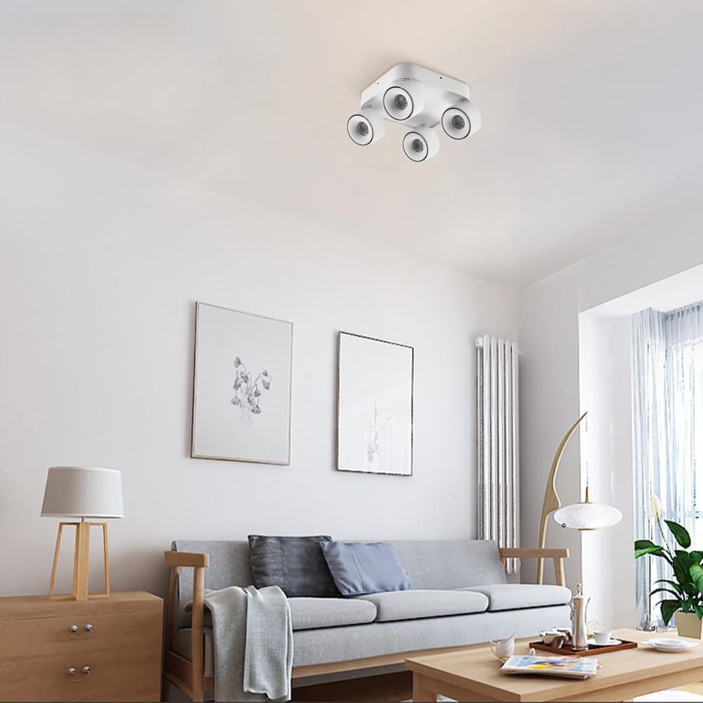Modern Ceiling Spotlight Fixture Adjustable White Ceiling Spots Lamp 4-Lights Fixed Track Lighting Fixture Flush Mount Ceiling Spotlights for Kitchen Hallway Gallery Bedroom/6000K/28W