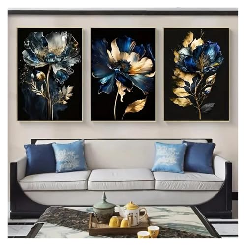 Peinture abstraite fleurs bleues triptyque de qualité - 3