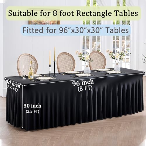 Image of Black Spandex Table Clothes for 8 Foot Rectangle Tables, Wrinkle Free Fitted Table Covers 8ft Stretchy Tablecloths Desk Skirt for Parties Weddings Birthday Banquet Baby Shower