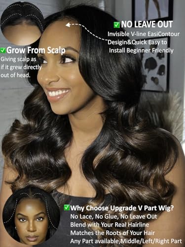 Image of KLAIYI Ombre Brown V Part Wig Body Wave Human Hair Upgrade U Part Wig with Dark Roots Glueless Chestnut Brown Clip in Half Wig No Glue No Leave Out Beginner Wigs for Women 30S Wear and Go Wig 26Inch