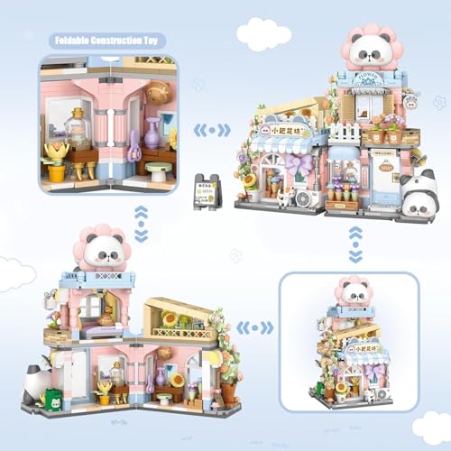 Image of SKY LINE OCEAN Street View Flower House Mini Building Blocks Set, 810+ PCS Cute Panda Flower Shop Architecture Model Kit, Creative MOC Construction Toy for Girls Boys Kids Adults, Gift Idea Ages 6+