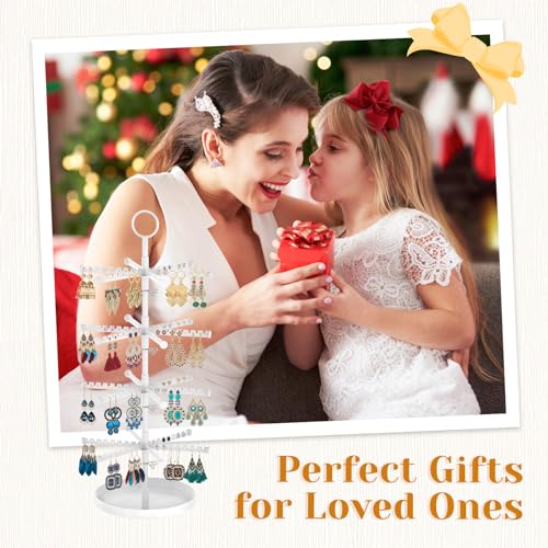 Image of MODOWEY 4 Tier Metal Rotating Earring Holder Organizer Stand Adjustable Display Tree for Women, 384 Holes and Grooves Rack Tower for Pierced Dangle, Large Capacity Space-Saving Jewelry Hanger, White