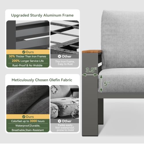Image of Aoxun Aluminum Outdoor Patio Furniture Set, 5 Seats Outdoor Sectional with Coffee Table, Patio Conversation Sets with Upgraded Armrests and Cushions for Backyard, Garden and Poolside(Grey)