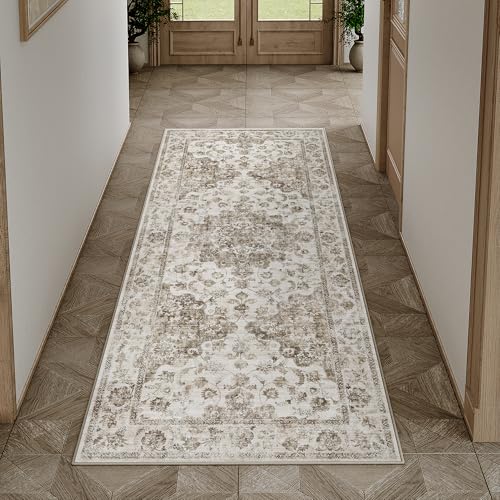 WondRg 2x5 Washable Neutral Runner Rug Brown Vintage Hallway Kitchen