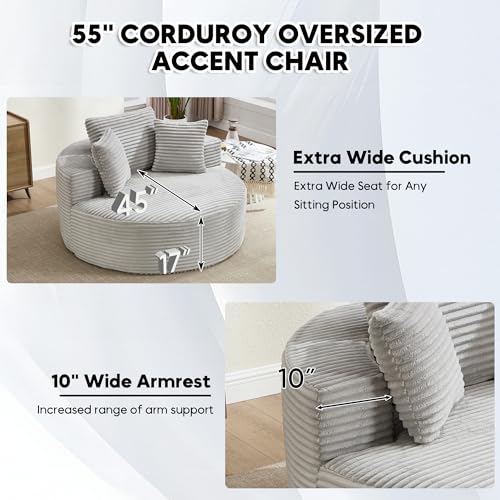 Image of Oversized Round Chair Lounge Chaise Indoor, 55.5 inch Upholstered Corduroy Deep Seat Single Cloud Sofa Chair, Fluffy Modern Large Circle Boneless Sleeper Sofa for Living Room, Bedroom, Grey
