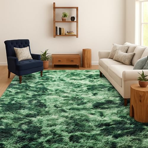SOANNY Living Room Area Rug, Large Soft Lounge Carpet for Bedroom Dorm, Luxury Tie-Dyed Shag Rug for Home Decor Dark Green, 180x270 cm