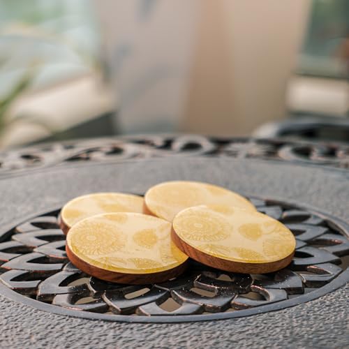 Image of Ireka Home Golden Bloom Coaster Set | Pack of 4 | Acacia Wood with Yellow Floral Enamel, Coffee Table Decor, Modern Cup Coaster for Kitchen, Coffee Cups, Mugs & Glasses