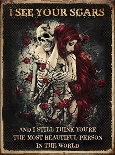 KDLY I See Your Scars Skull Couple Portrait Poster Novelty Metal Tin Sign Wall Decor Man Cave Bar Retro Metal Vintage Tin Sign 6x8 Inch