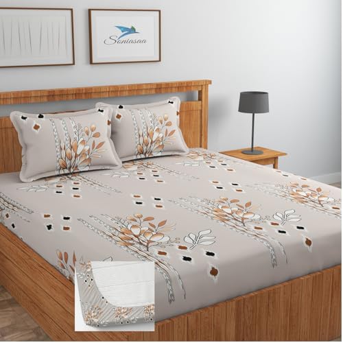 Image of 210 TC Glace-Cotton All Around Elastic Fitted Bedsheet, Elastic Fitted Bedsheet King Size Bedsheet for Double Bed with 2 Pillow Covers, Size - 72 x 78 x 8 Inch Color Cream