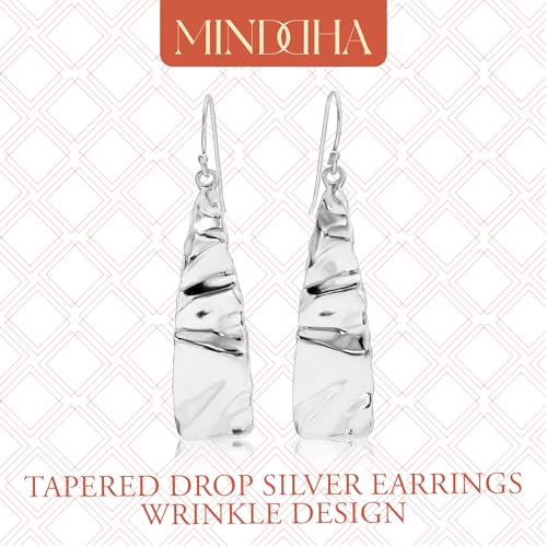 MINDDHA 925 Sterling Silver Earrings - Tapered Wrinkle Design - Handcrafted From Israeli Artisans - Minimalist Silver Earrings, Drop Length 1.6 Inch2