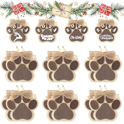 12 Pcs Christmas Dog Paw Ornaments Wooden Tree Decorations