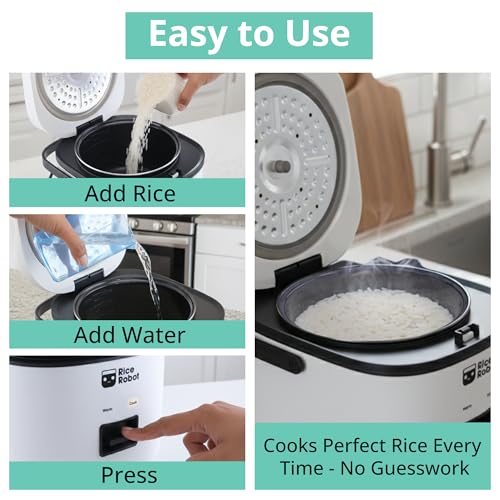 Image of Rice Robot Personal Rice Cooker, PFAS-free, Nonstick. 1 Quart Capacity, with Stainless Steel Steamer Tray, Measuring Cups, Recipe Book with 60 Recipes, and Serving Spoon, As Seen On TV