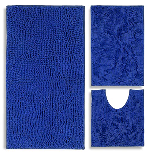 Image of Bathroom Rugs Chenille 3-Piece Extra Soft and Absorbent Shag Bathroom Rugs, Machine Wash Mat, Strong PVC Non-Slip Underside, Plush Carpet Mats (Royal Blue)